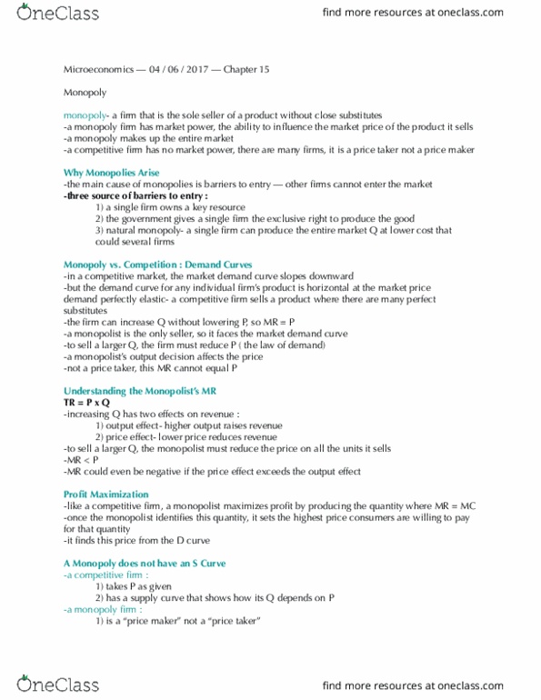 3250:200 Lecture Notes - Lecture 15: Market Power, Monopoly Price, Demand Curve thumbnail