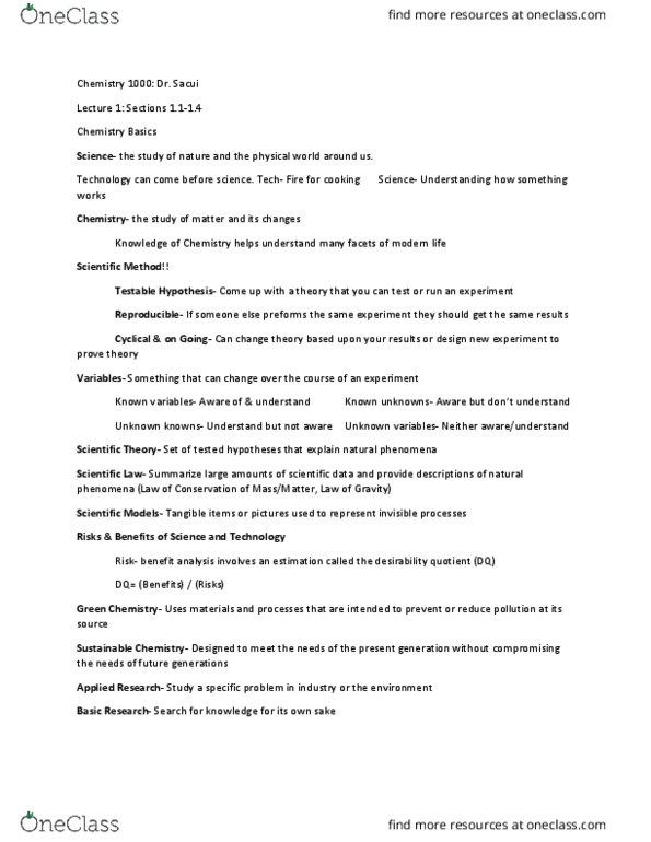 CHEM 1000 Lecture 1: Chemistry Basics Sections 1.1-1.4 thumbnail