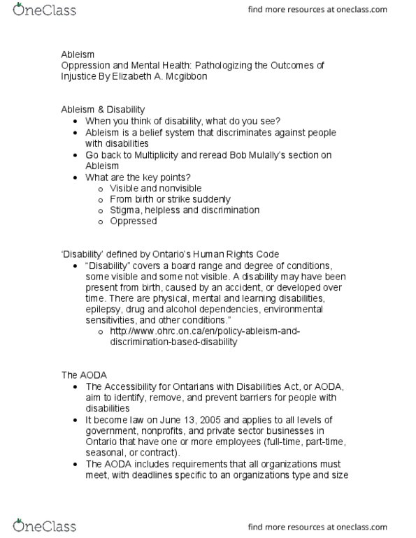 Social Service Worker SSW102 Lecture Notes - Lecture 2: Ontario Human Rights Code, Ableism, Human Conditions thumbnail