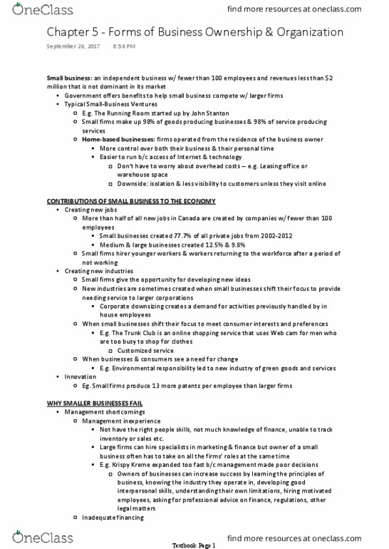 RSM100Y1 Chapter Notes - Chapter 5: Webcam, Small Business, Independent Business thumbnail