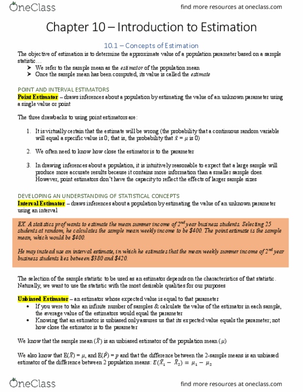 COMM-1057EL Chapter Notes - Chapter 10: Bias Of An Estimator, Probability Distribution, Interval Estimation thumbnail