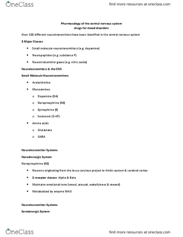 HTHSCI 2H03 Lecture Notes - Lecture 15: Locus Coeruleus, Raphe Nuclei, Major Depressive Disorder thumbnail