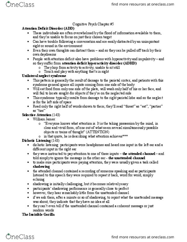 PSYC 2650 Chapter Notes - Chapter 5: Attention Deficit Hyperactivity Disorder, The Cocktail Party, Hemispatial Neglect thumbnail