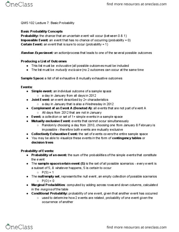 QMS 102 Lecture Notes - Lecture 7: Sample Space, Almost Surely, Empirical Probability thumbnail