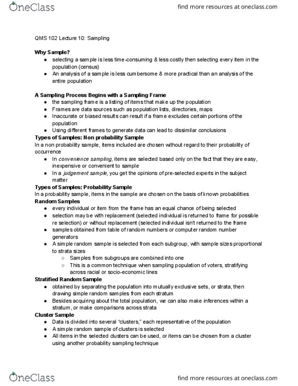 QMS 102 Lecture Notes - Lecture 10: Simple Random Sample, Cluster Sampling, Sampling Frame thumbnail