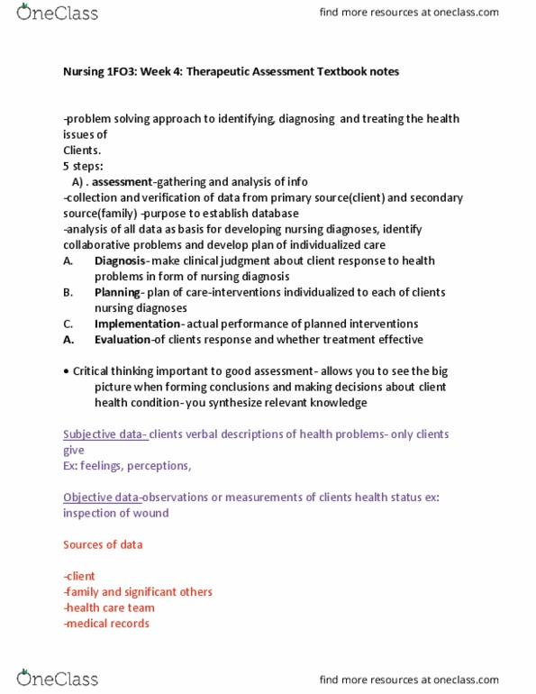 NURSING 1I02 Chapter Notes - Chapter 4: Nursing Diagnosis, Data Analysis, Secondary Source thumbnail