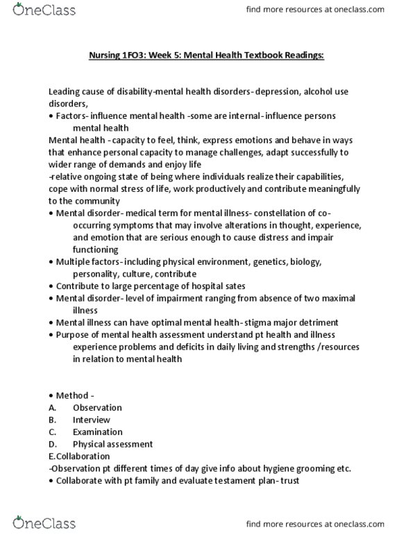 NURSING 1I02 Chapter Notes - Chapter 5-6: Mental Status Examination, Mental Disorder, Aphasia thumbnail