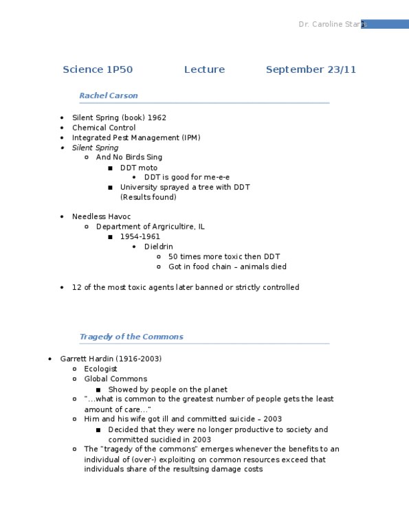 SCIE 1P50 Lecture Notes - Garrett Hardin, Rachel Carson, Dieldrin thumbnail
