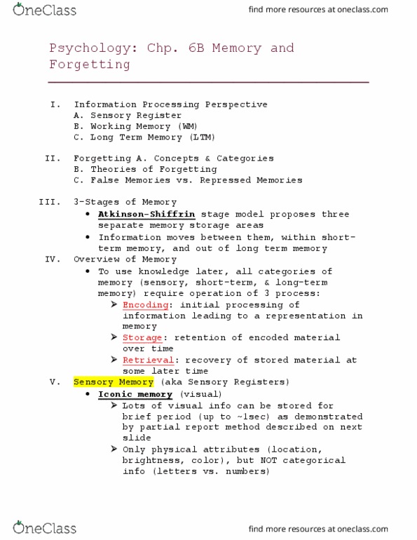 PSYC 1 Lecture Notes - Lecture 7: Echoic Memory, Iconic Memory, Long-Term Memory thumbnail