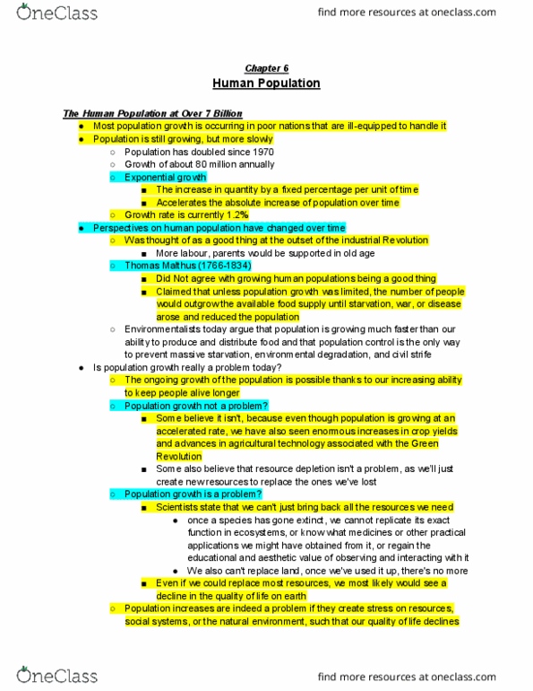 ENV100Y5 Chapter Notes - Chapter 6: Paleolithic, Thomas Robert Malthus, Exponential Growth thumbnail