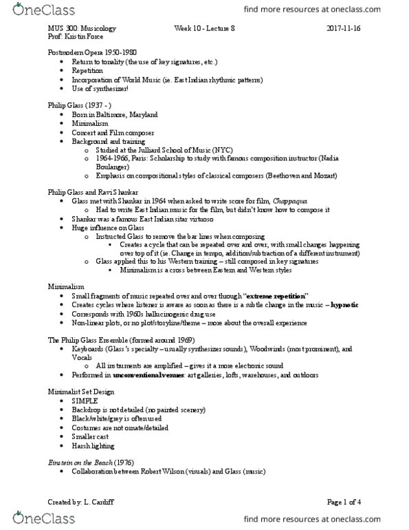 MUS 300 Lecture Notes - Lecture 8: Philip Glass Ensemble, Nadia Boulanger, Juilliard School thumbnail