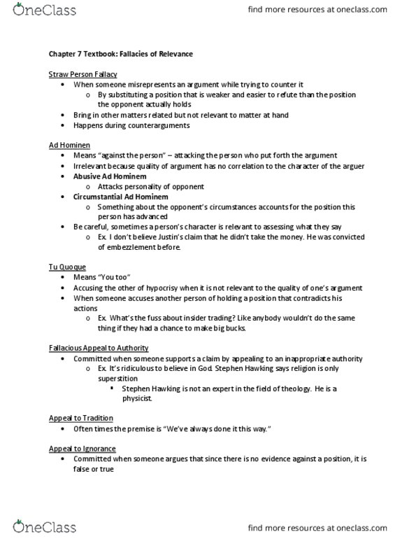 PP201 Chapter Notes - Chapter 7: Stephen Hawking, Ad Hominem, Fallacy thumbnail