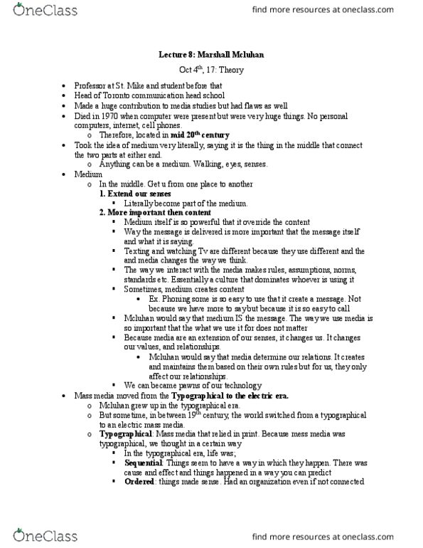 SMC219Y1 Lecture Notes - Lecture 8: Marshall Mcluhan, Mass Media, Watching Movies thumbnail