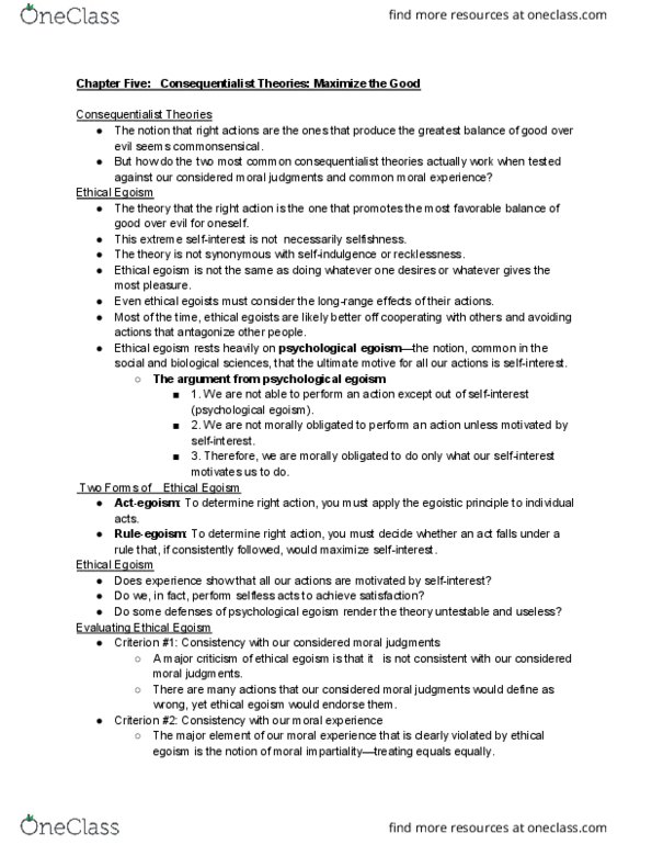 PHI 221 Lecture Notes - Lecture 5: Ethical Egoism, Psychological Egoism, Deontological Ethics thumbnail