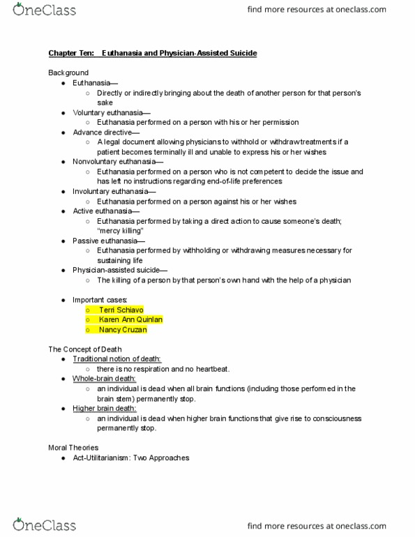 PHI 221 Lecture Notes - Lecture 10: Terri Schiavo Case, Involuntary Euthanasia, Voluntary Euthanasia thumbnail
