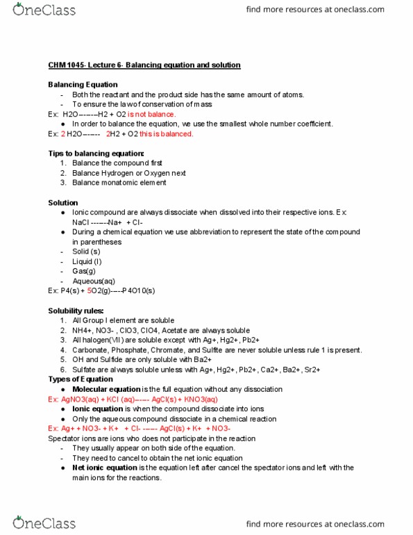 CHM-1045 Lecture Notes - Lecture 6: Chemical Equation, Spectator Ion, Ionic Compound thumbnail