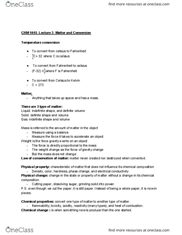 CHM-1045 Lecture Notes - Lecture 3: Conversion Of Units Of Temperature, Chemical Change, Physical Property thumbnail