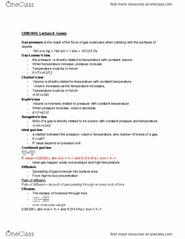 CHM-1045 Lecture Notes - Lecture 8: Combined Gas Law, Ideal Gas Law, Kinetic Theory Of Gases thumbnail