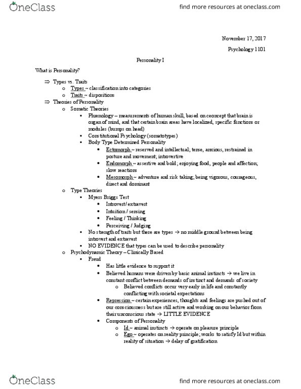 PSYC 1101 Lecture Notes - Lecture 26: Emotion, Extraversion And Introversion, Somatotype And Constitutional Psychology thumbnail