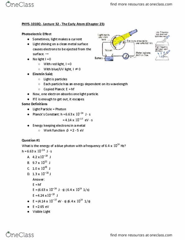 PHYS 1010Q Lecture Notes - Lecture 32: Work Function, Electronvolt, Photon thumbnail