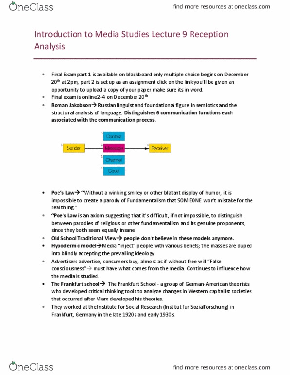 MDSA01H3 Lecture Notes - Lecture 9: Roman Jakobson, Frankfurt School, Media Studies thumbnail