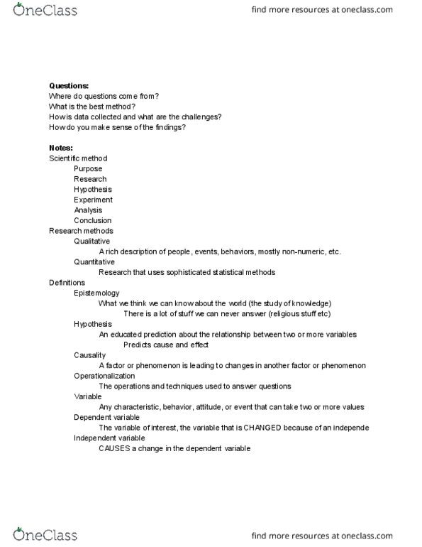 SOCI 2110 Lecture Notes - Lecture 3: Dependent And Independent Variables, Operationalization, Quasi thumbnail