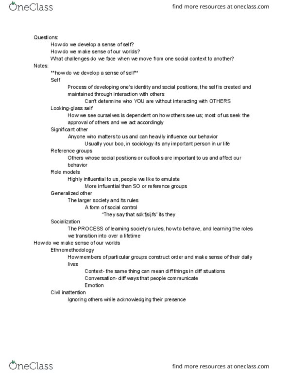 SOCI 2110 Lecture Notes - Lecture 4: Ethnomethodology, Role Conflict, Stanford Prison Experiment thumbnail