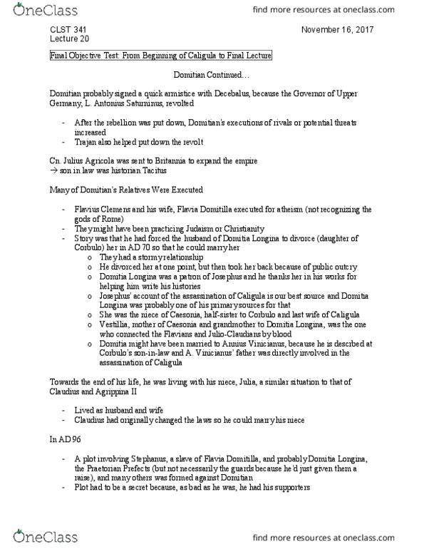 CLST 341 Lecture Notes - Lecture 20: Flavian Dynasty, Damnatio Memoriae, Gnaeus Domitius Corbulo thumbnail