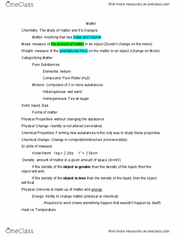 CHEM 1000 Lecture Notes - Lecture 2: International System Of Units, Chemical Change, Calorie thumbnail