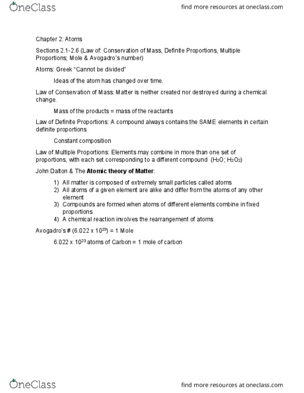 CHEM 1000 Lecture Notes - Lecture 3: Atomic Theory thumbnail