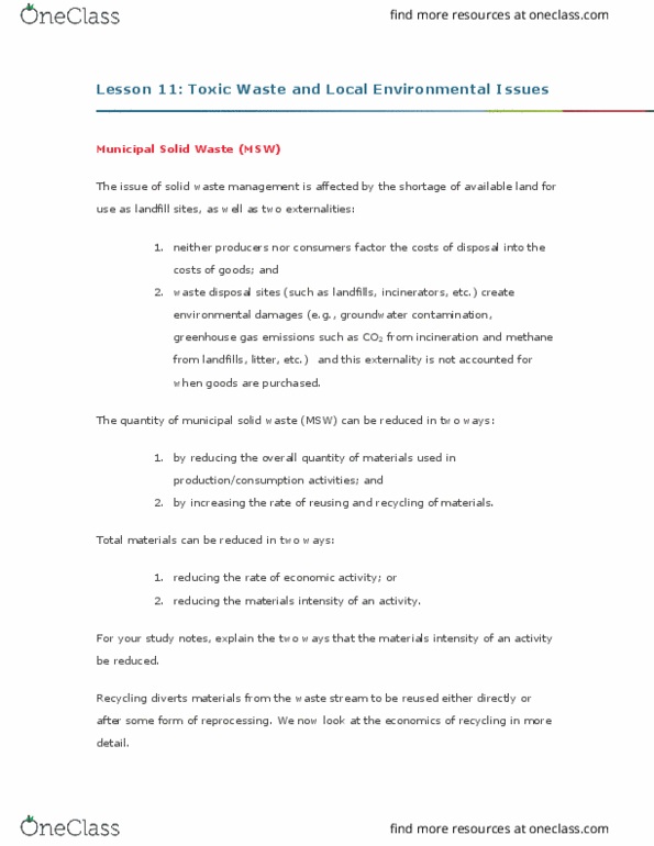 EC238 Lecture Notes - Lecture 11: Canadian Environmental Protection Act, 1999, Municipal Solid Waste, Ethylene Glycol thumbnail