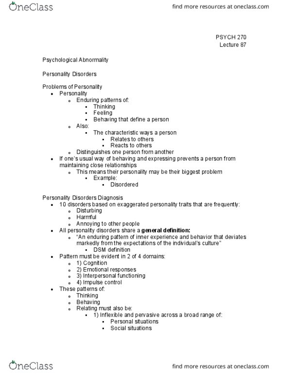 PSYCH 270 Lecture Notes - Lecture 87: Personality Disorder thumbnail