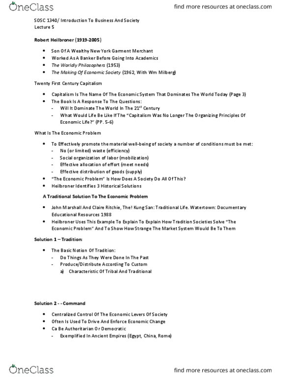 SOSC 1340 Lecture Notes - Lecture 5: Documentary Educational Resources, Robert Heilbroner, Dominate thumbnail