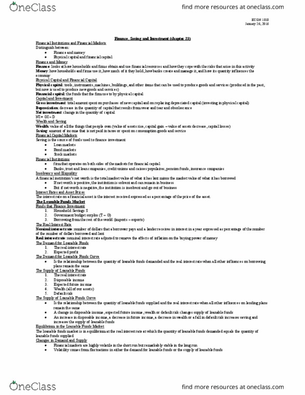 ECON 1010 Chapter Notes - Chapter 23: Loanable Funds, Real Interest Rate, Nominal Interest Rate thumbnail