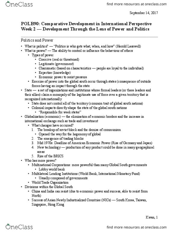 POLB90H3 Lecture Notes - Lecture 2: Harold Lasswell, Debt Relief, Millennium Development Goals thumbnail