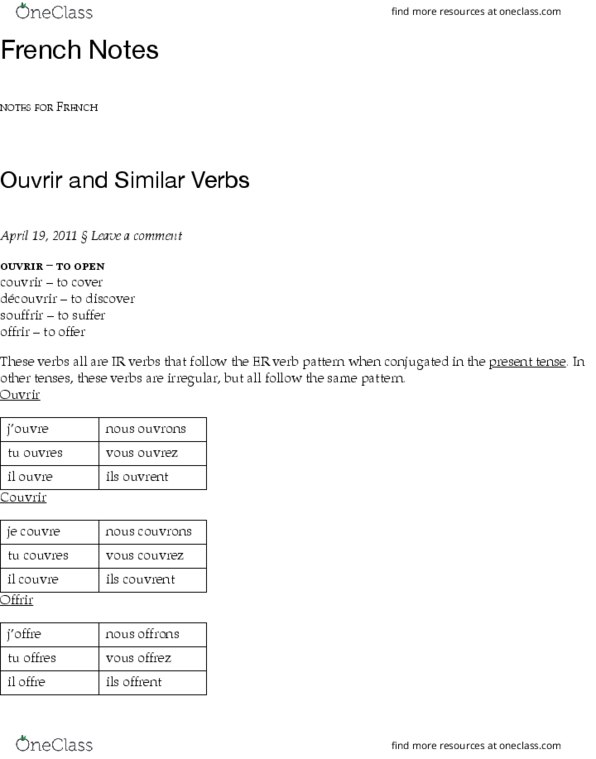 CAS LF 211 Lecture 20: Ouvrir and Similar Verbs | French Notes thumbnail