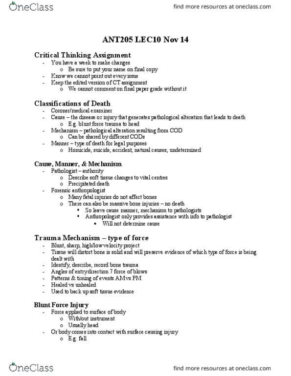 ANT205H5 Lecture Notes - Lecture 10: Blunt Trauma, Pathologic Fracture, Forensic Anthropology thumbnail