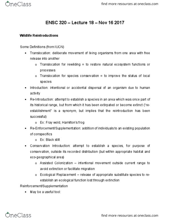 ENSC 320 Lecture Notes - Lecture 18: Outcrossing, Inbreeding, Pleistocene Rewilding thumbnail