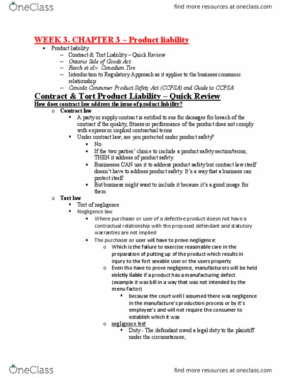 LAW 525 Lecture Notes - Lecture 3: Consumer Product Safety Act, Implied Warranty, Product Liability thumbnail