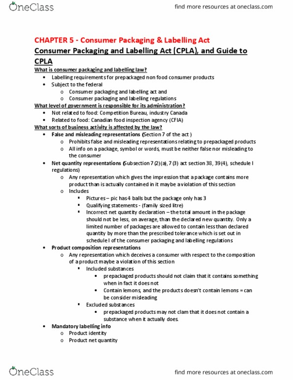 LAW 525 Lecture Notes - Lecture 5: Canadian Food Inspection Agency, Summary Offence, Mandatory Labelling thumbnail