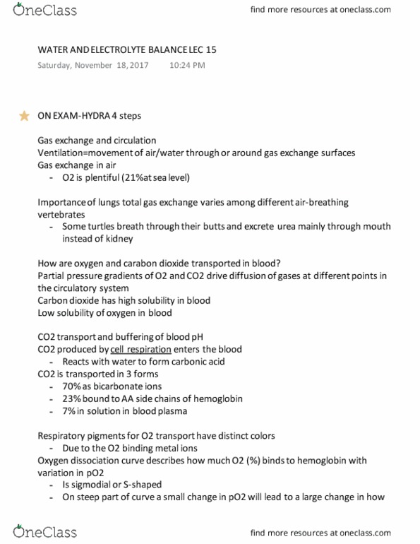 BISC 101 Lecture Notes - Lecture 15: Gas Exchange, Blood Plasma, Partial Pressure thumbnail