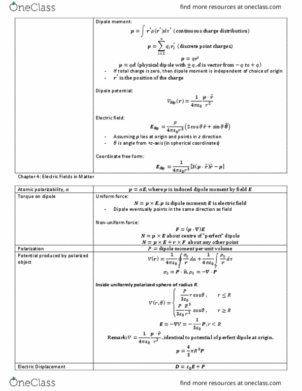 ENGINEER 1P03 Lecture Notes - Lecture 12: Spherical Coordinate System, Electric Field, Dielectric thumbnail