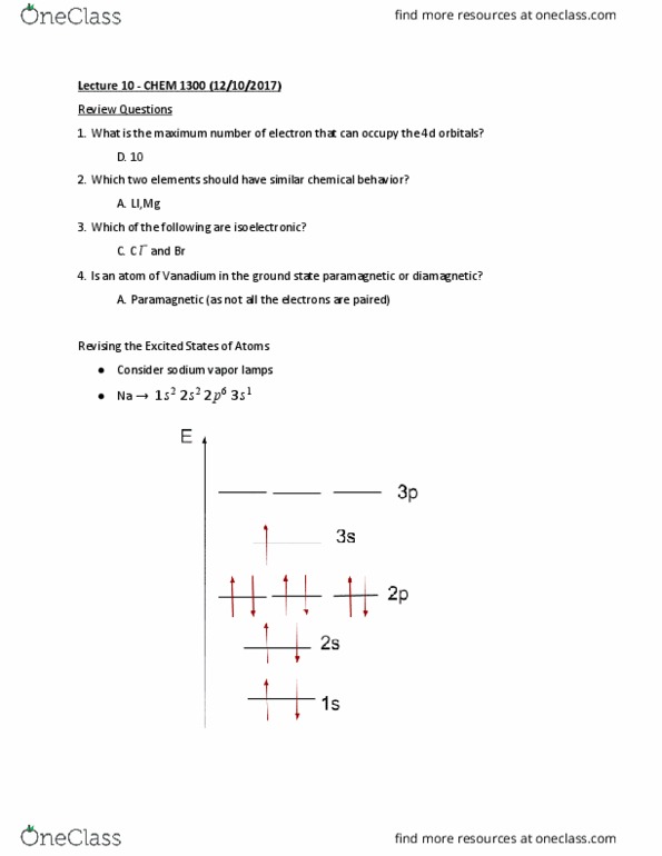 CHEM 1300 Lecture Notes - Lecture 10: Sodium-Vapor Lamp, Paramagnetism, Isoelectronicity thumbnail