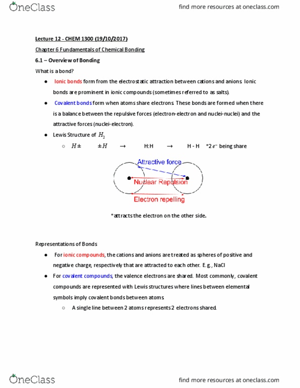 CHEM 1300 Lecture Notes - Lecture 12: Covalent Bond, Lewis Structure, Electron Configuration thumbnail