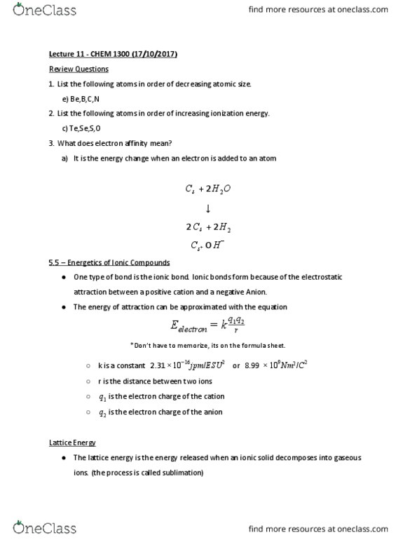 CHEM 1300 Lecture Notes - Lecture 11: Lattice Energy, Ionic Bonding, Elementary Charge thumbnail