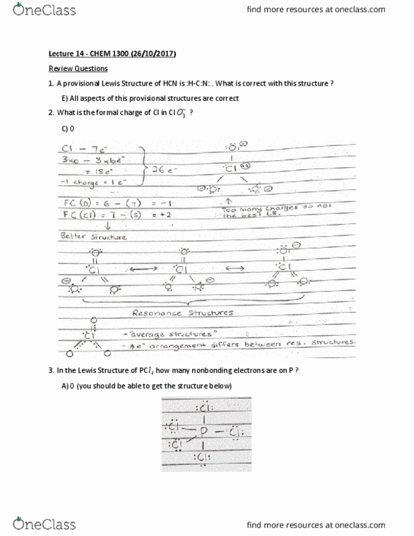 CHEM 1300 Lecture Notes - Lecture 14: Lewis Structure, Formal Charge, Trigonal Bipyramidal Molecular Geometry thumbnail