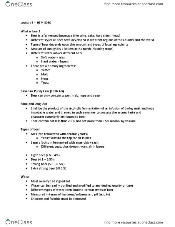 HTM 3030 Lecture Notes - Lecture 5: Reinheitsgebot, Pale Ale, Ethanol Fermentation thumbnail