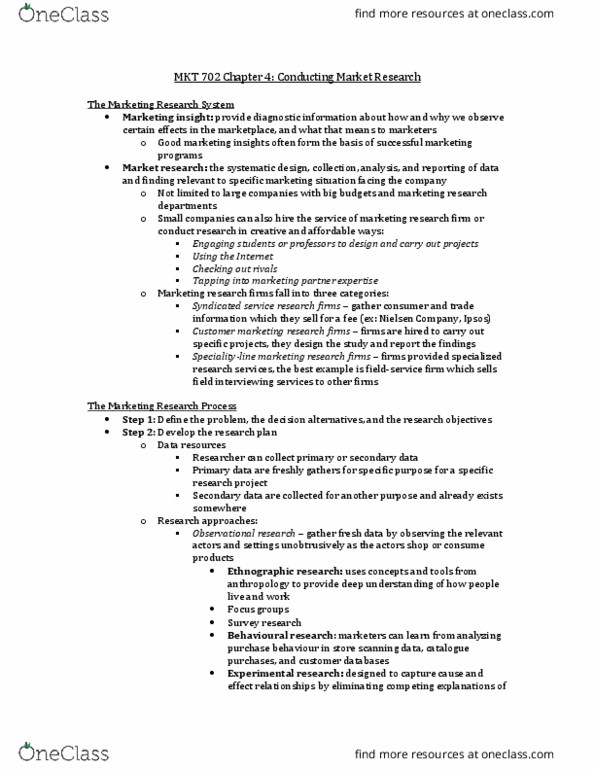 MKT 702 Chapter Notes - Chapter 4: Nielsen Holdings Plc, Ipsos, Decision Support System thumbnail