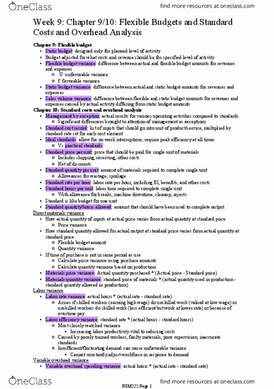 RSM222H1 Chapter Notes - Chapter 9,10: Standard Cost Accounting, Fixed Cost thumbnail