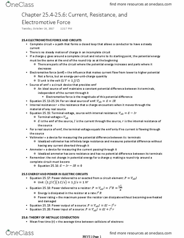 PHYS 3 Chapter Notes - Chapter 25.4-25.6: Electromotive Force, Internal Resistance, Ammeter thumbnail